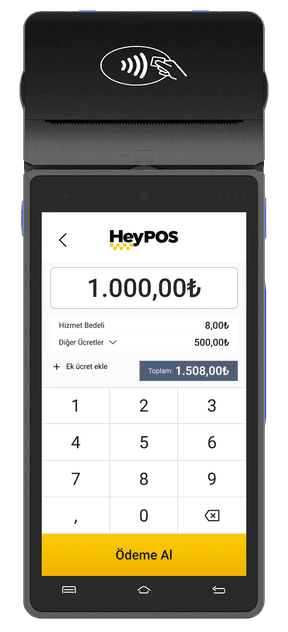 HeyPOS Android POS cihazında ödeme alma ekranı: tutar, hizmet bedeli ve tuş takımı