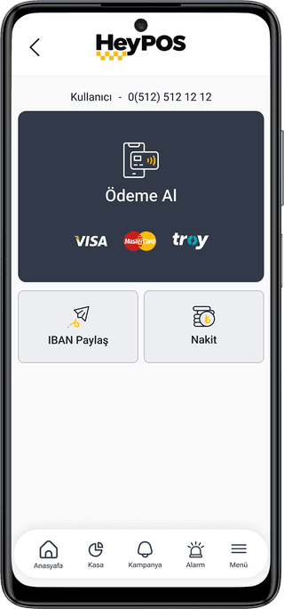 HeyPOS Cep POS uygulamasında ana menü: telefonla temassız ödeme alma ekranı