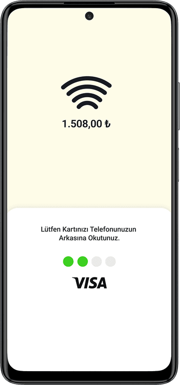 Cep POS temassız kart okutma ekranı: tutar ve okutma yönergesi