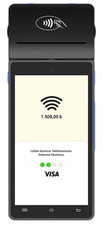 Android POS temassız kart okutma ekranı: tutar ve okutma yönergesi