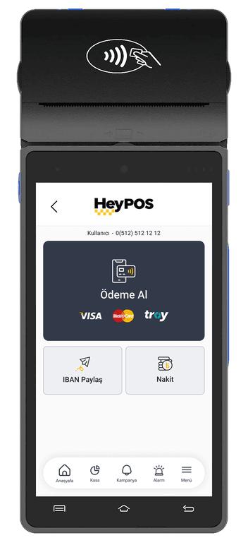 Android POS ana menüsü: Ödeme Al kartı, IBAN Paylaş ve Nakit seçenekleri