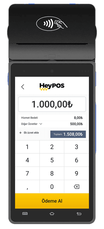 Android POS ödeme alma ekranı: tutar, hizmet bedeli, ek ücretler ve tuş takımı