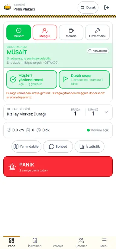 Durakmatik taksici paneli: durum düğmeleri, durak sırası ve müşteri yönlendirmesi kartları, altta basılı tutulan panik düğmesi