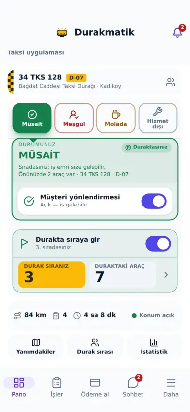 Durakmatik mobil uygulamasının ana ekranı: müsait, meşgul, molada ve hizmet dışı durum düğmeleri, durumu anlatan kart ve durak sırası bilgisi